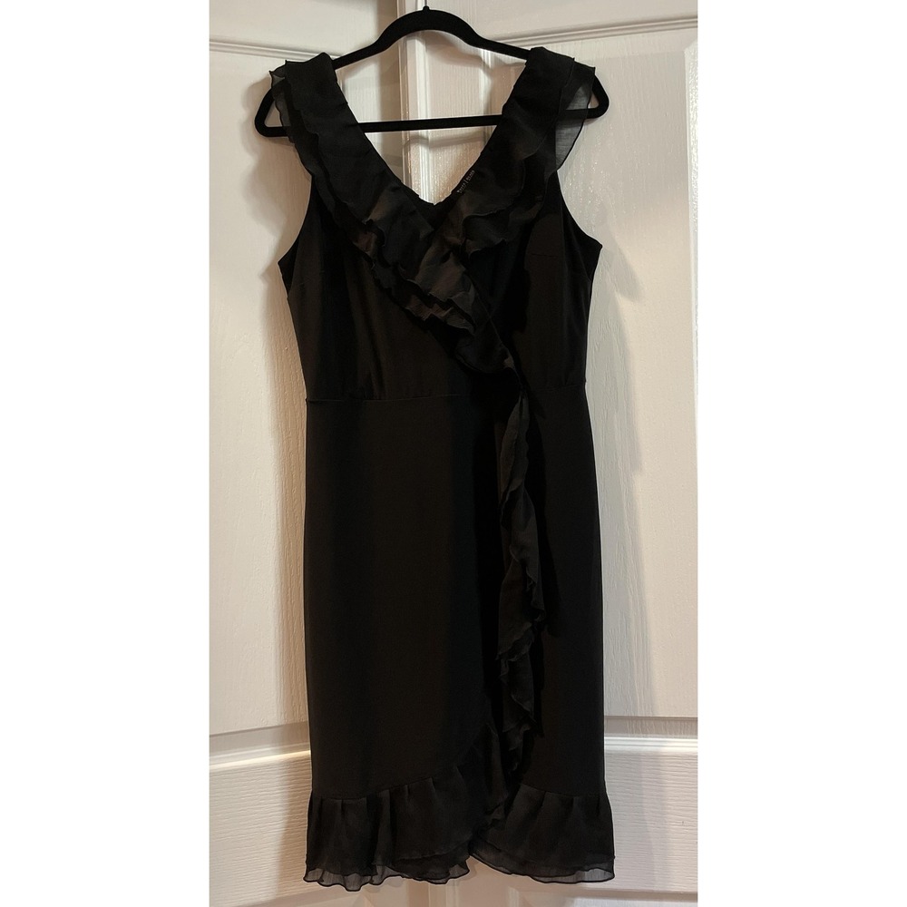 White House Black Market Dress Womens 12 Black Sleeveless Ruffle Hem Wrap Midi